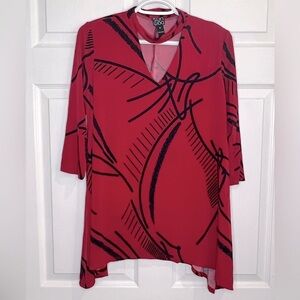 Clara SunWoo 3/4 Sleeve Geo Print Asymmetrical Hem Tunic Red/Black - Sz. Medium